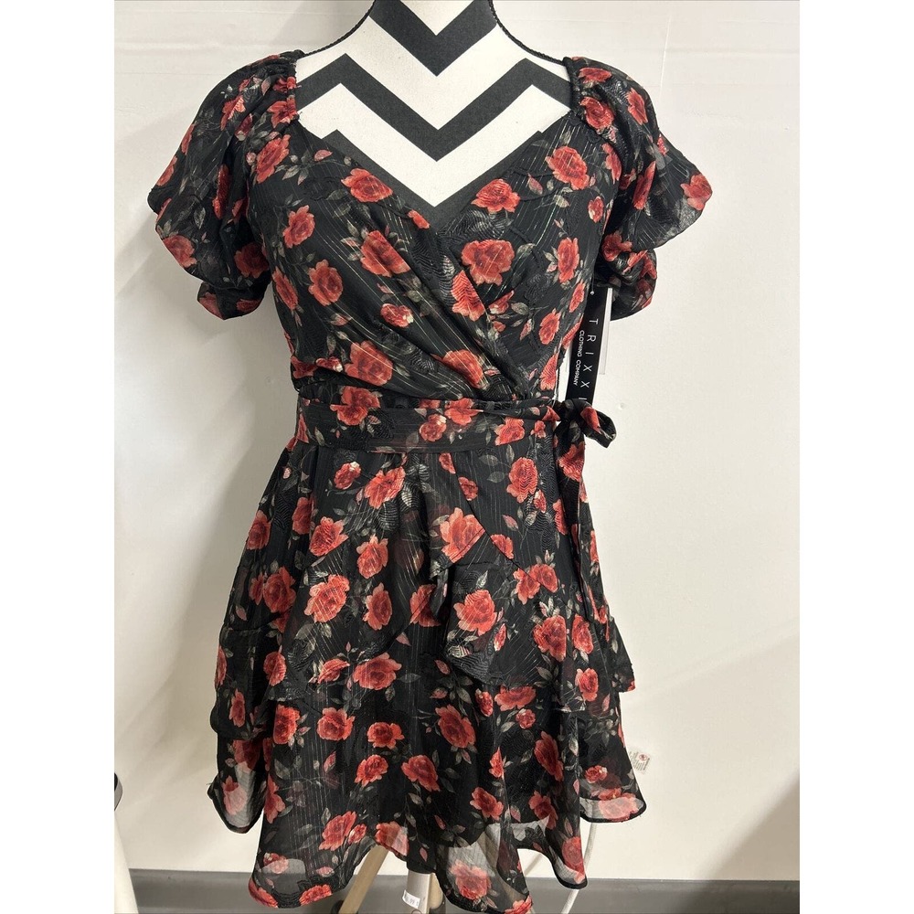 Trixxi Dress‎ Womens Size Small Black Floral Rose Print Teired Fit & Flare Sheer